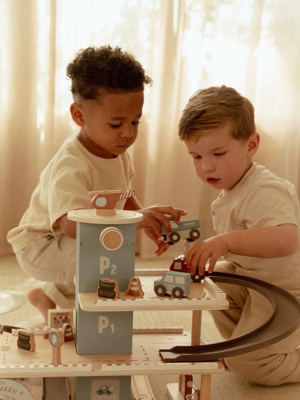Wooden Blue Parking Garage Playset for Kids